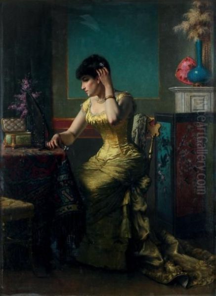 Femme Au Miroir En Robe Jaune Oil Painting by Agapit Stevens