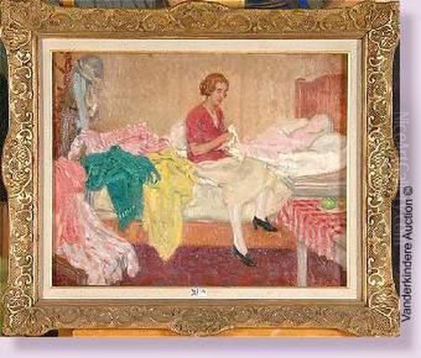 Jeune Femme A La Couture Sur Son Lit Oil Painting by Aime Stevens