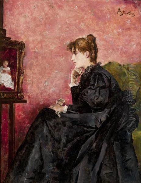 Jeune Femme Assise Devant Un Portrait D'enfant Oil Painting by Alfred Stevens