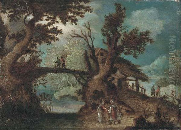 A Wooded River Landscape With Peasants On A Path Oil Painting by Pieter Ii Stevens