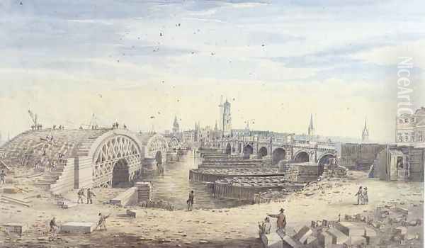 Construction of the new London Bridge alongside the old London Bridge, 1823 Oil Painting by Gideon Yates