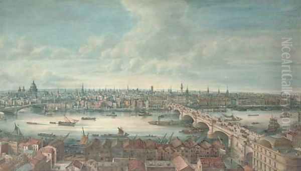 View of the River Thames with Blackfriars Bridge, St Paul's, London Bridge and the Monument Oil Painting by Gideon Yates