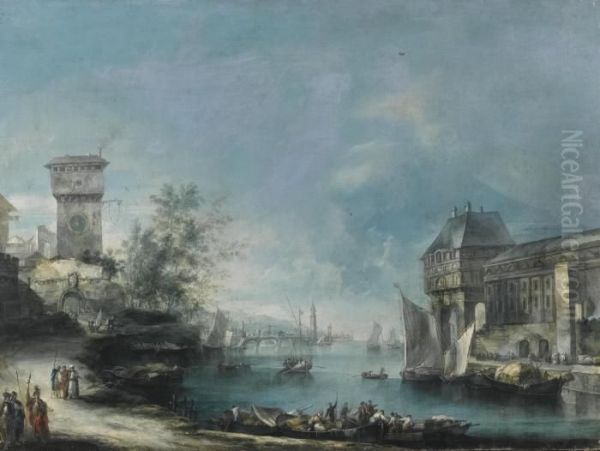 A Capriccio Coastal View With Elegant Buildings Oil Painting by Antonio, Tonino Stom