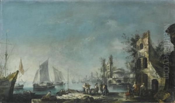 A Capriccio Harbour View With Figures Conversing And Ships At Anchor Oil Painting by Antonio, Tonino Stom