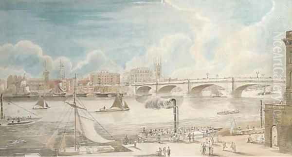 View of London Bridge from the North Bank at Custom's house Quay, looking south, showing St.Olave's, Tooley street Oil Painting by Gideon Yates