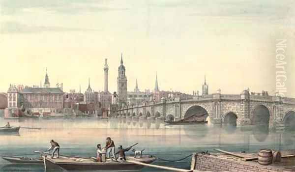 View of Old London Bridge from the south bank looking towards Fishmongers Hall and The Monument Oil Painting by Gideon Yates