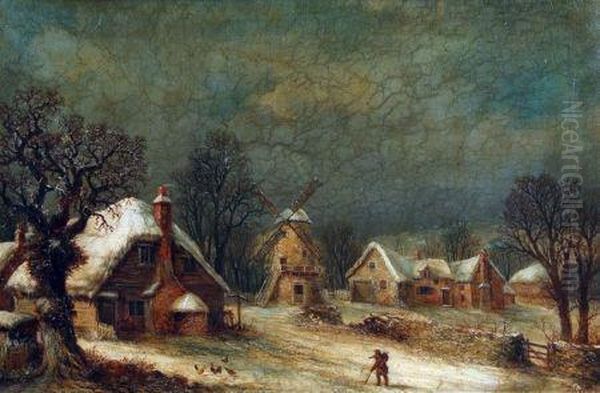 Winter Landscape With Figure And Windmill Oil Painting by William Stone