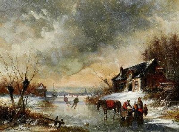 A Winter Landscape With Figures Skating On A Frozen River Oil Painting by William R. Stone