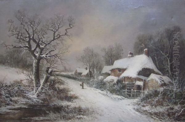 A Figure Near A Cottage In A Winter Landscape by William R. Stone