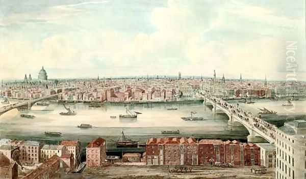 A panorama of the Thames up river from London Bridge Oil Painting by Gideon Yates