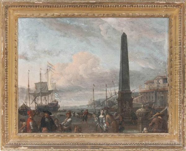 A Capriccio Of A Large Dutch Merchantman Lying Off A Mediterranean Port Oil Painting by Abraham Storck