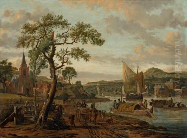 Flusslandschaft Mit Segelschiffen Und Ruderbooten Vor Einer Stadt Oil Painting by Abraham Storck