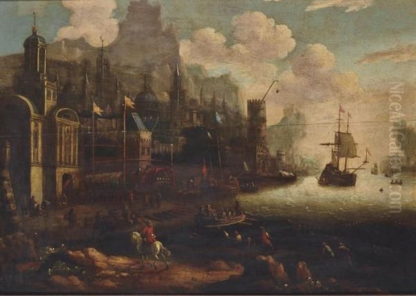 A Capriccio Of A Mediterranean Harbour With Moored Galleons And Figures Oil Painting by Jacobus Storck