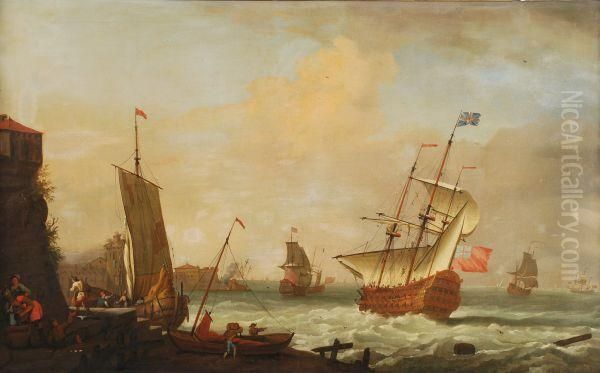 An English Flagship Off A Port Oil Painting by Tobias Stranover