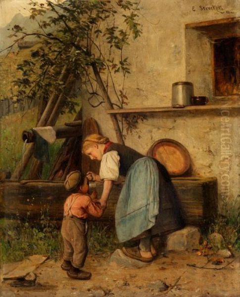 Kleines Madchen Und Knablein Am Wassertrog Vor Dem Haus Oil Painting by Emil Strecker