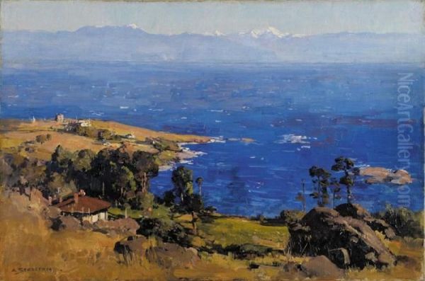 Blue Bay And Olympic Mountains Oil Painting by Arthur Ernest Streeton