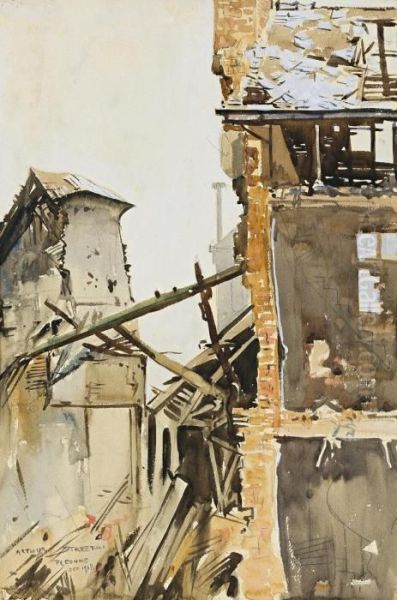 Damaged Buildings, Peronne Oil Painting by Arthur Ernest Streeton