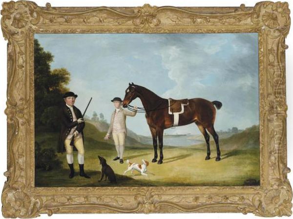 A Gentleman And His Hounds In An
 Extensive Landscape, His Groom Holding The Reins Of His Chestnut Hunter Oil Painting by Thomas Stringer