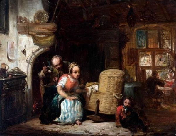 Boerenfamilie In Binnenhuis Oil Painting by Johannes Anthonie Balthasar Stroebel