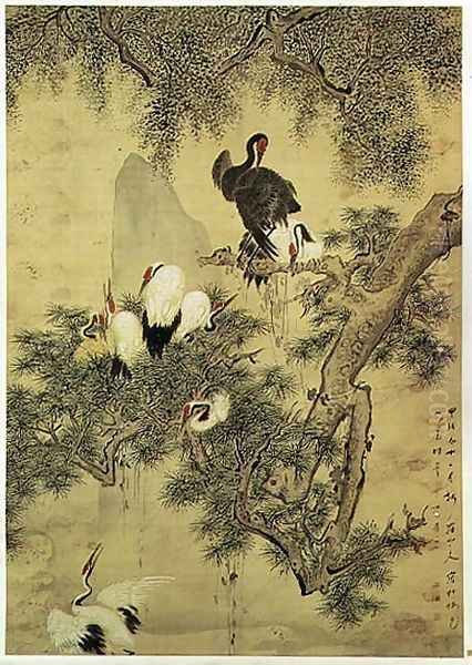 Eight Red-Crested Herons in a Pine Tree, 1754 Oil Painting by Hua Yan