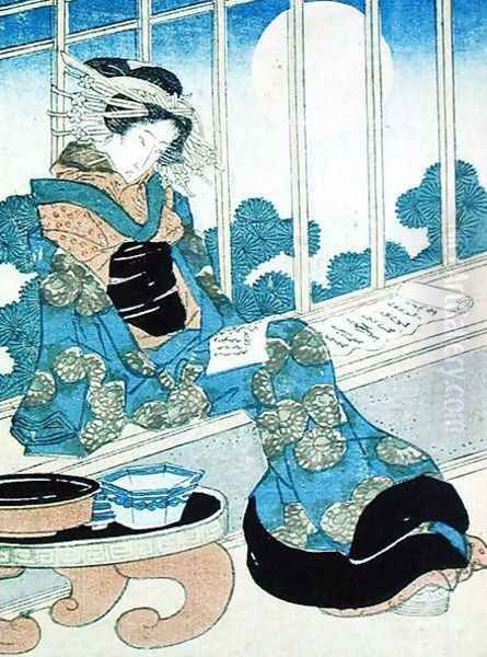 Japanese Lady Reading by Moonlight by Keisai Yeisen