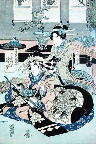 Two Seated Ladies, One Playing the Samisen Oil Painting by Keisai Yeisen