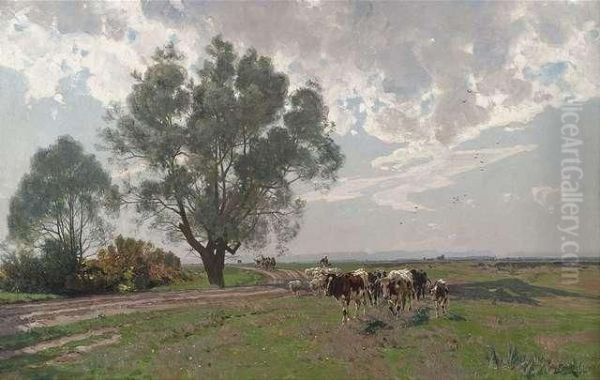 Cattle Drive In Anextensive Summery Landscape. Oil Painting by Otto Struttzel