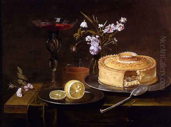 A Still Life Of A Pie And Sliced Lemon On Pewter Dishes, A Vase Of Flowers, A Glass Of Beer And A Wine Glass Upon A Partly Draped Table Oil Painting by Frans Ykens