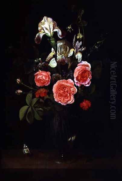 Flowers in a Glass vase with a butterfly on a ledge Oil Painting by Frans Ykens