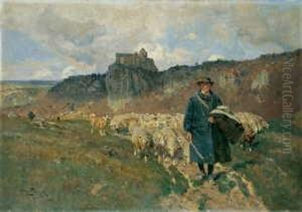 Ein Schafer Mit Seiner Herde Im 
Altmuhltal. Im Hintergrund Die Hochgelegene Burg Prunn. Signiert Und 
Datiert Unten Links: Otto Strutzel 1908/mchn. Ol Auf Leinwand. H 70; B 
100 Cm. Oil Painting by Otto Struttzel