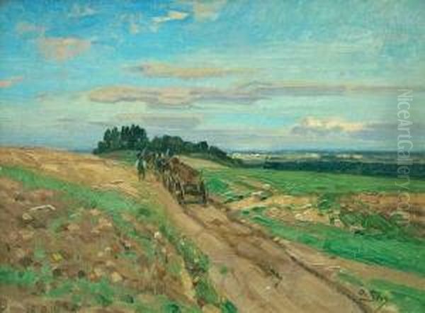 Feldweg Mit Bauer Und Pferdegespann Oil Painting by Otto Struttzel