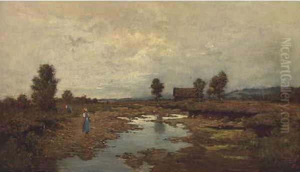 Flower Pickers On The River Bank Oil Painting by Otto Struttzel