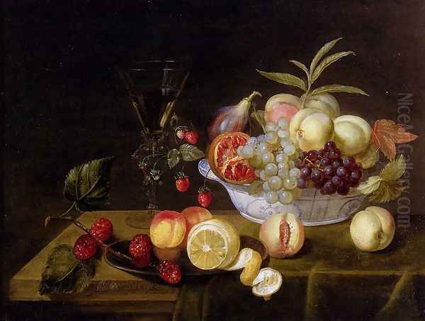 A Still Life Of Peaches, Grapes, Pomegranates, Figs And Wild Strawberries In A Wan-Li Porcelain Bowl All Resting On A Tabletop Oil Painting by Frans Ykens