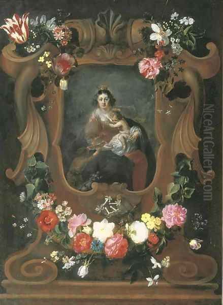 The Virgin and Child with the young Saint John the Baptist, surrounded by a cartouche with floral garlands Oil Painting by Frans Ykens