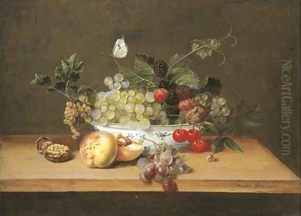 Grapes on the vine, whitecurrants, blackberries, cherries and a walnut in a porcelain bowl with peaches, grapes and a walnut Oil Painting by Frans Ykens