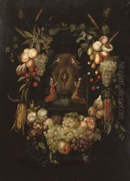 A garland of fruits surrounding a niche with angels worshipping the monstrance Oil Painting by Frans Ykens