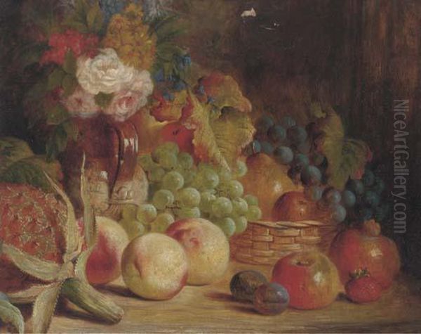 Grapes, Apples, Peaches, Roses, Pears, A Pineapple, And A Ceramic Jug, On A Wooden Ledge Oil Painting by William Stuart