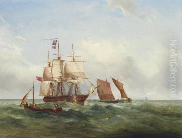 A Pilot Boat Guiding A Three-masted Barque Inshore Oil Painting by Ralph R. Stubbs