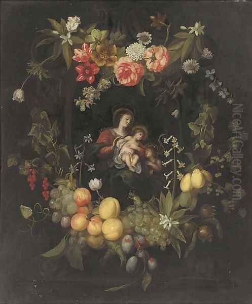 The Virgin and Child surrounded by a cartouche of flowers and fruit Oil Painting by Frans Ykens