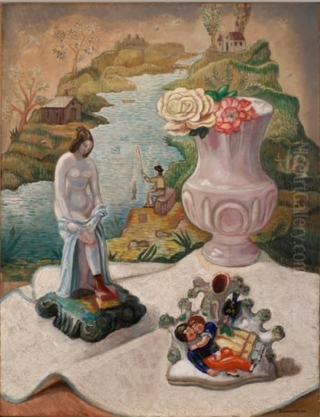 Porcelain Figures And Flowers Oil Painting by Sergei Yur Evich Sudeikin