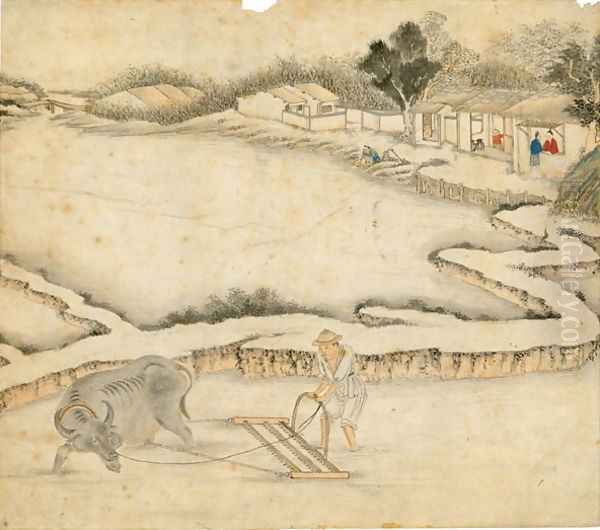 Ploughing the paddy field, from Gengzhi tu (Pictures of Tilling and Weaving) Oil Painting by Tang Yin