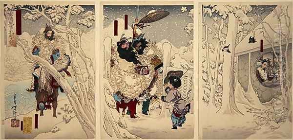 Gentoku visits Komei in the snow, from Illustrations for the Romance of the Three Kingdoms, 1883 Oil Painting by Tsukioka Yoshitoshi