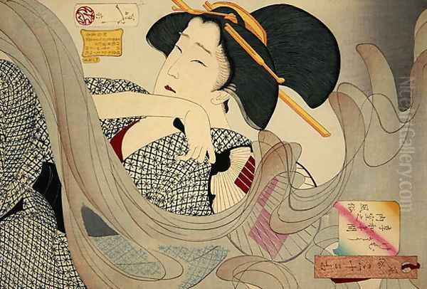 Looking Smoky. A Housewife of the Kyowa Era Kemuso Kyowa nenkan naishitsu no fuzoku, 1880 Oil Painting by Tsukioka Yoshitoshi