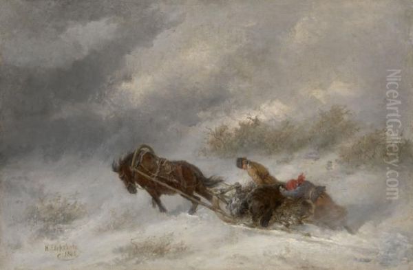 Bear Hunters In The Blizzard Oil Painting by Nikolai Egorovich Sverchkov