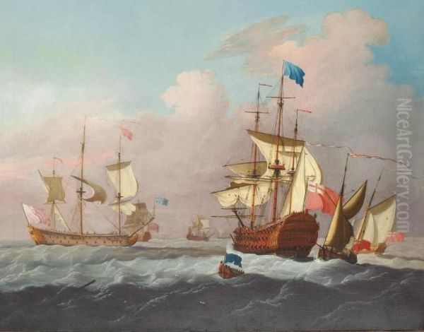 Ships Of The Fleet Hove-to Offshore Awaiting The Arrival Of An Admiral Of The Blue Oil Painting by Francis Swaine