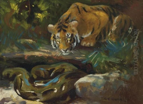 Tiger Cub And Python Oil Painting by Cuthbert Edmund Swan