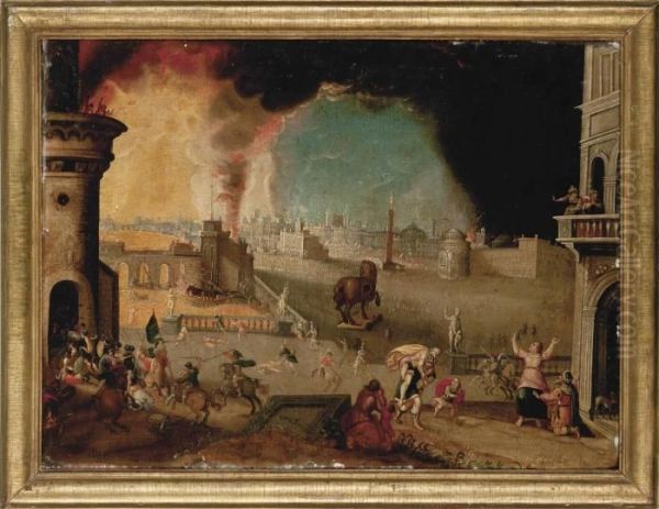 Aeneas Rescuing His Father Anchises From The Burning City Of Troy Oil Painting by Jakob Isaaksz Swanenburgh