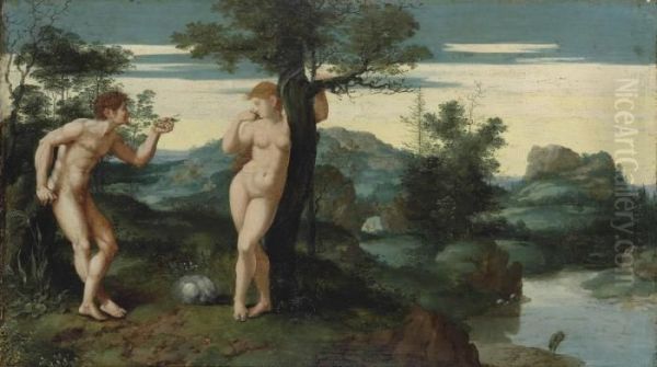 Adam And Eve In The Garden Of Eden Oil Painting by Jan Swart Van Groningen