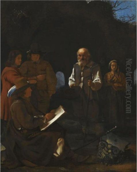 A Young Artist Seated Drawing 
Among Roman Ruins, Two Friends Behind Him And A Beggar With His Family 
Before Him Oil Painting by Michiel Sweerts