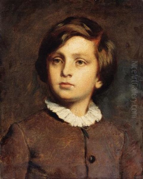 Young Boy In White Collar Dress Oil Painting by Bertalan Szekely Von Adamos